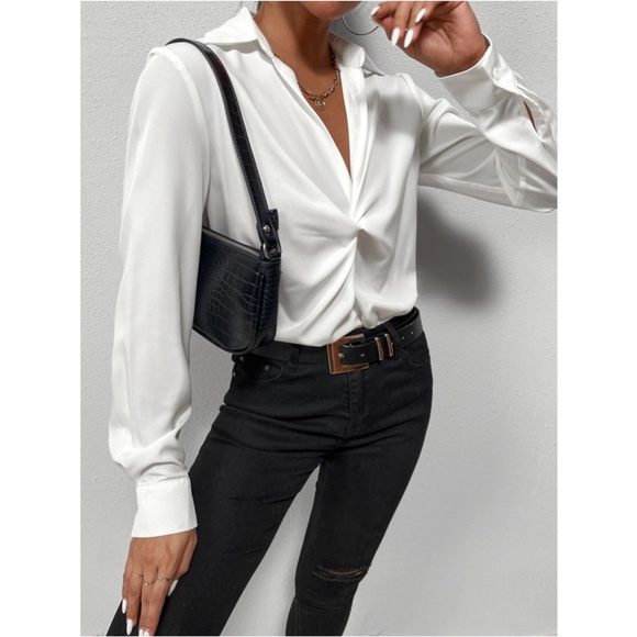 Twist Front White Office Shirt Long Sleeve Collar Neckline V-Neck - Picture 4 of 10